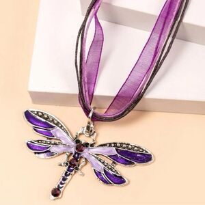 Y2K Grungecore Fairycore Purple Dragonfly Charm Ribbon Chocker Necklace